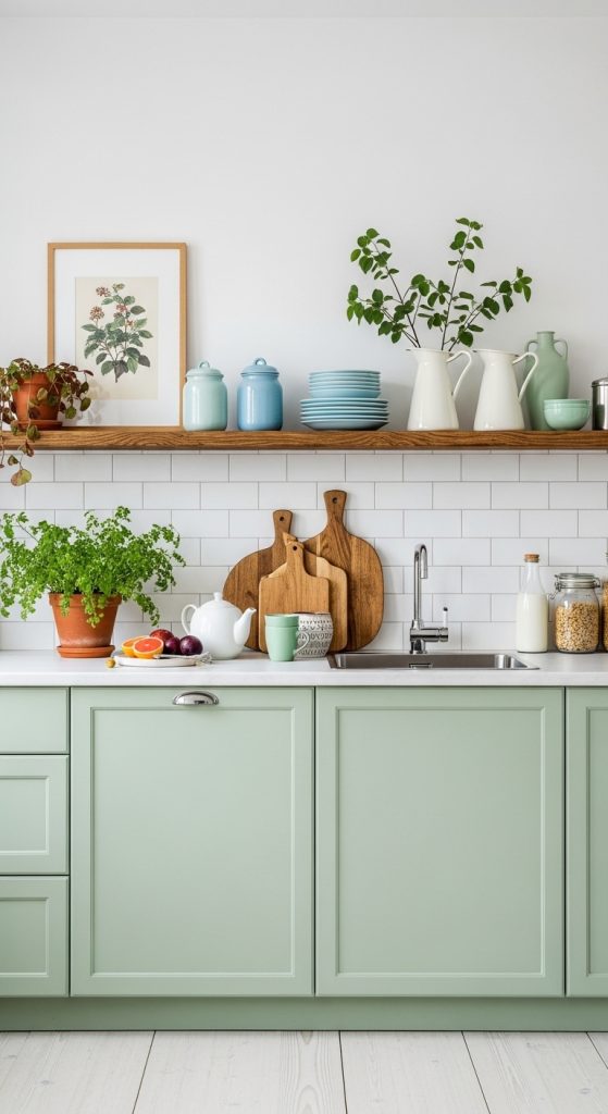 A bright and clean bathroom with refreshing mint green accent tiles and light wood cabinetry.