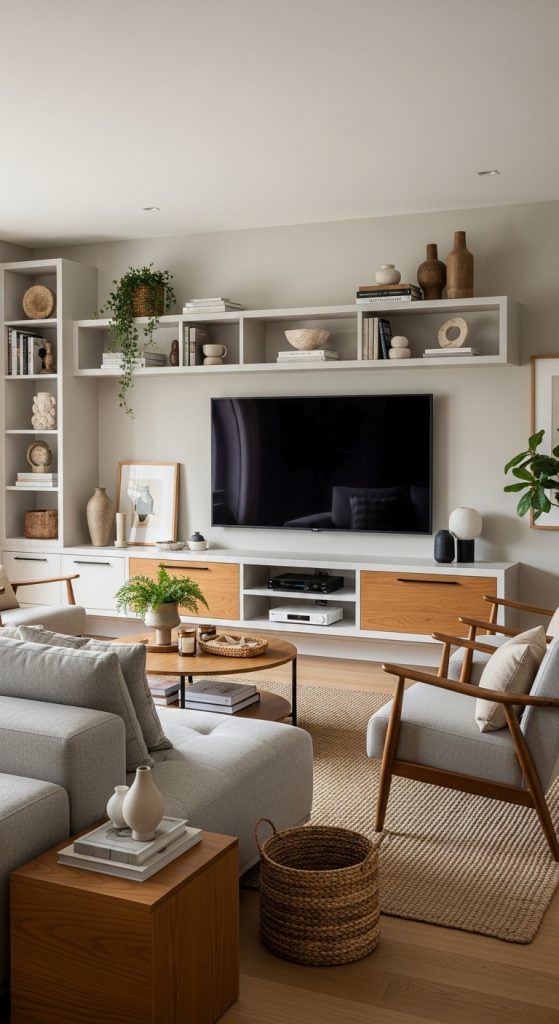 Contemporary living room with a balanced TV setup