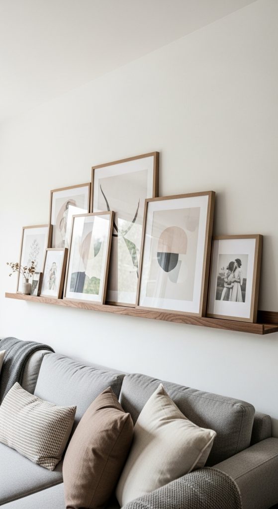 A dark wood picture ledge above a sofa, displaying a layered collection of different-sized frames in a flexible, modern way.