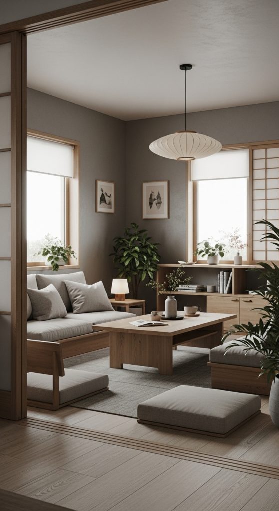 Minimalist zen-style small living room with neutral tones and plants.