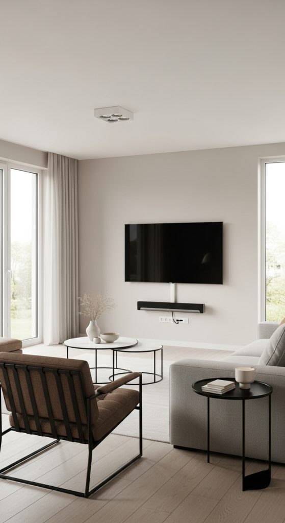 Living room with a flat-screen TV mounted on the wall and no visible cords.