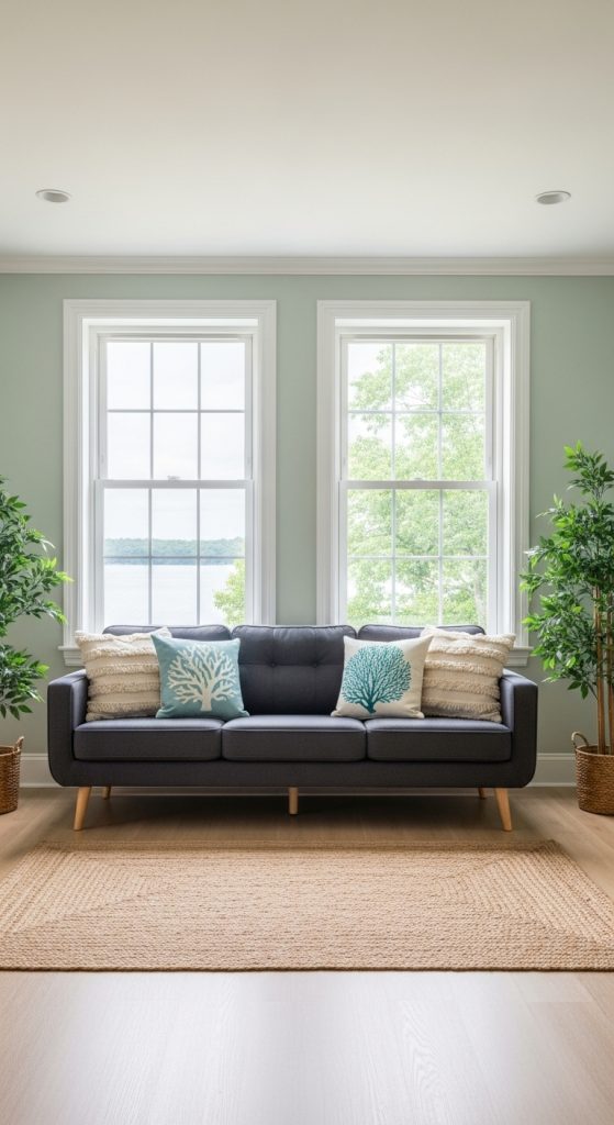 A modern coastal living room with a black sofa, light blue and sandy-colored pillows