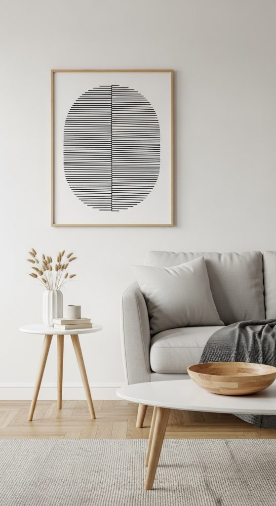 Minimalist living room where several light wood accents, like picture frames and furniture legs, create a sense of warmth and cohesion.