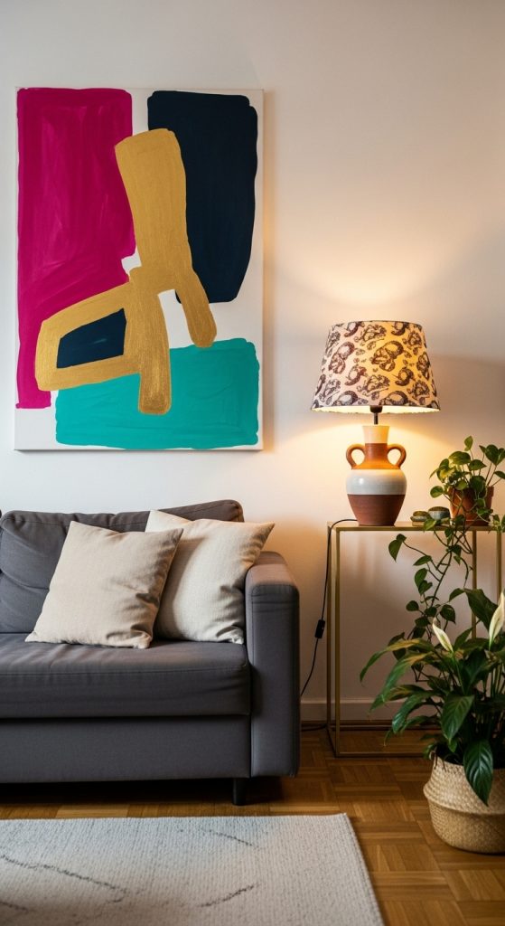 Small living room with a bold artwork and a designer lamp as standout features.