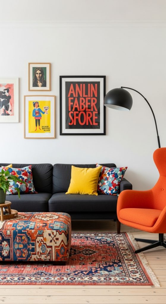A retro-revival living room with a black sofa, a bold geometric-patterned area rug in orange and brown