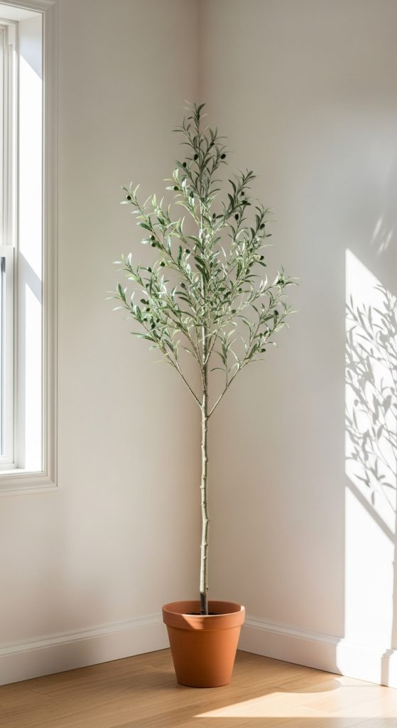 An elegant faux olive tree in a simple pot, adding a touch of nature and life to a bright, minimalist living room.