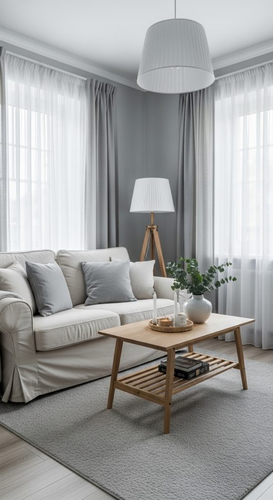 Cozy apartment living room with a harmonious palette of cream, gray, and wood accents.