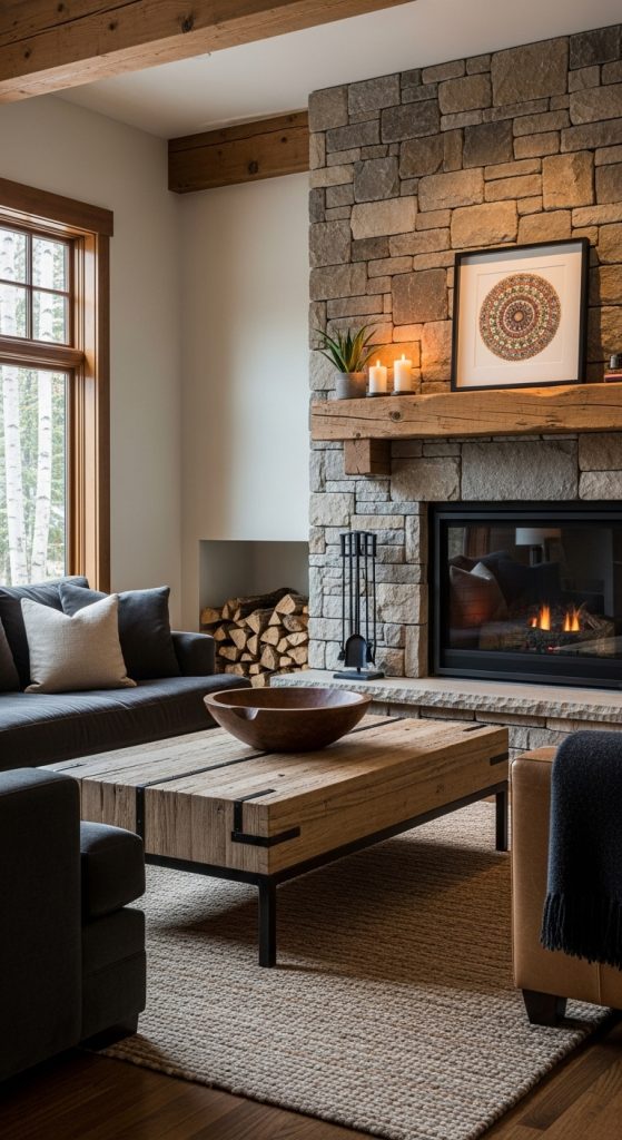 A cozy, rustic living room featuring a black sofa, a chunky reclaimed wood coffee table