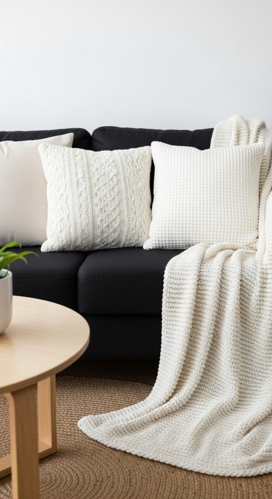 Close-up of a black sofa layered with a chunky knit throw blanket and soft