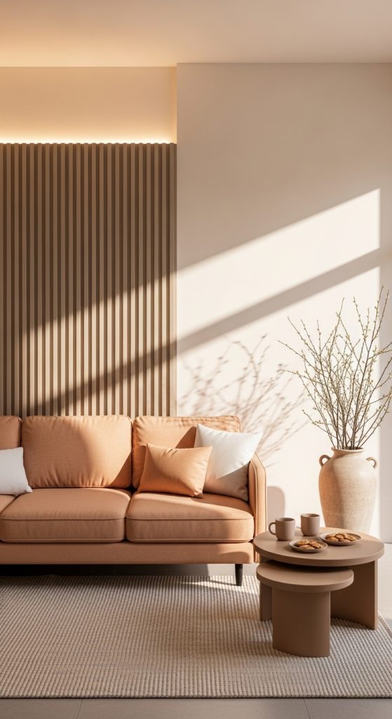 A minimalist living room featuring a beige sofa, a simple wooden coffee table, and clean lines against a warm white wall.
