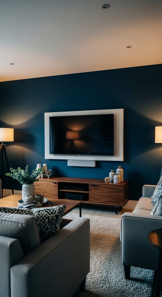 A stylish living room featuring a dramatic accent wall