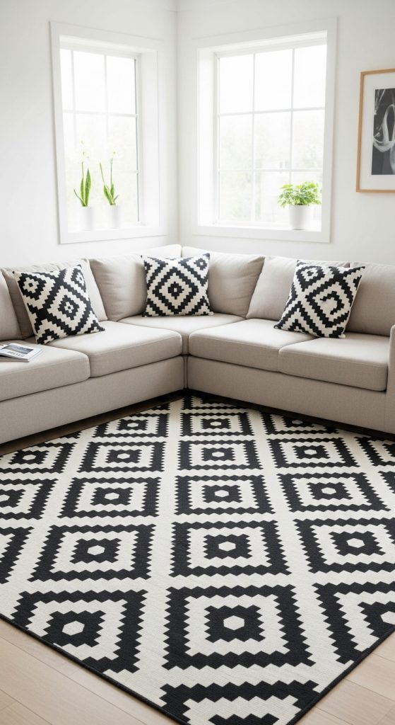 Living room with a high-contrast black and white geometric area rug.