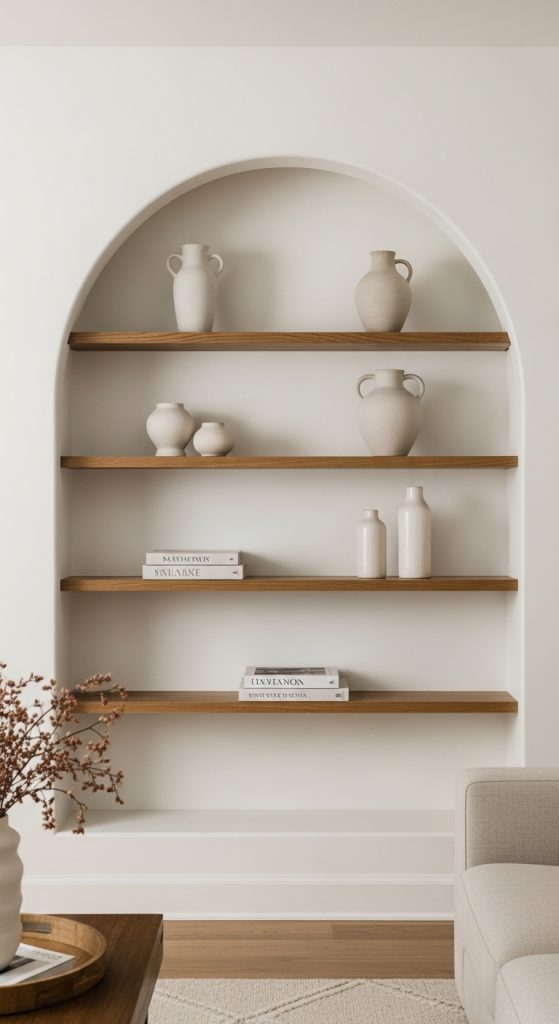 Minimalist living room featuring a built-in arched bookshelf, which adds an elegant architectural element to the space.