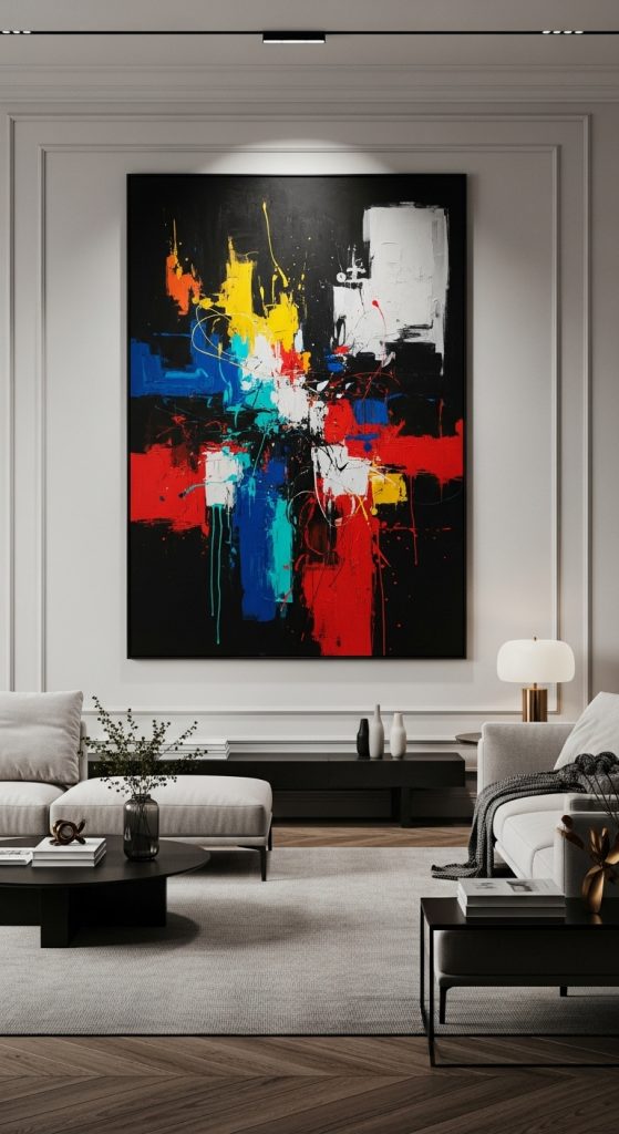Contemporary living room with a large abstract painting as a focal point, complemented by minimalist luxury furniture and soft lighting.