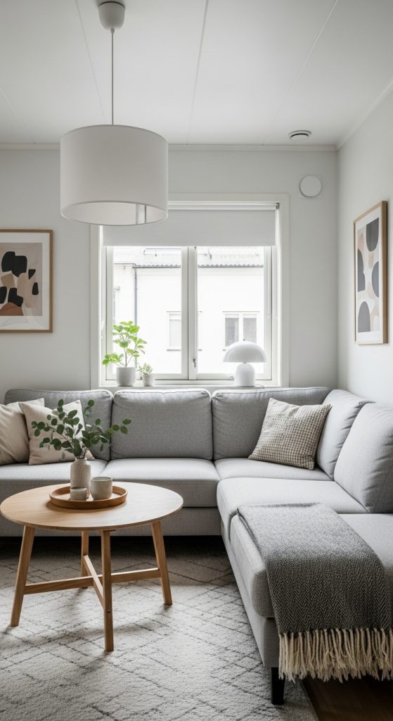 Light gray corner sectional sofa in a compact modern living room.