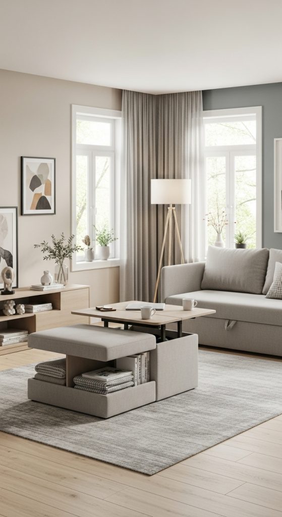 Small living room with a storage ottoman, sofa bed, and convertible coffee table.