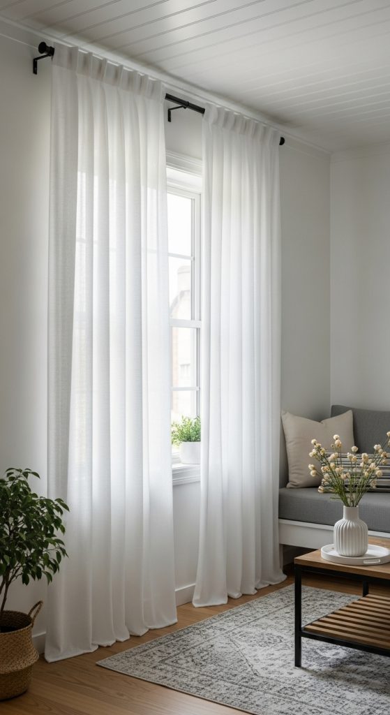 Small living room with ceiling-high white curtains adding height and elegance.