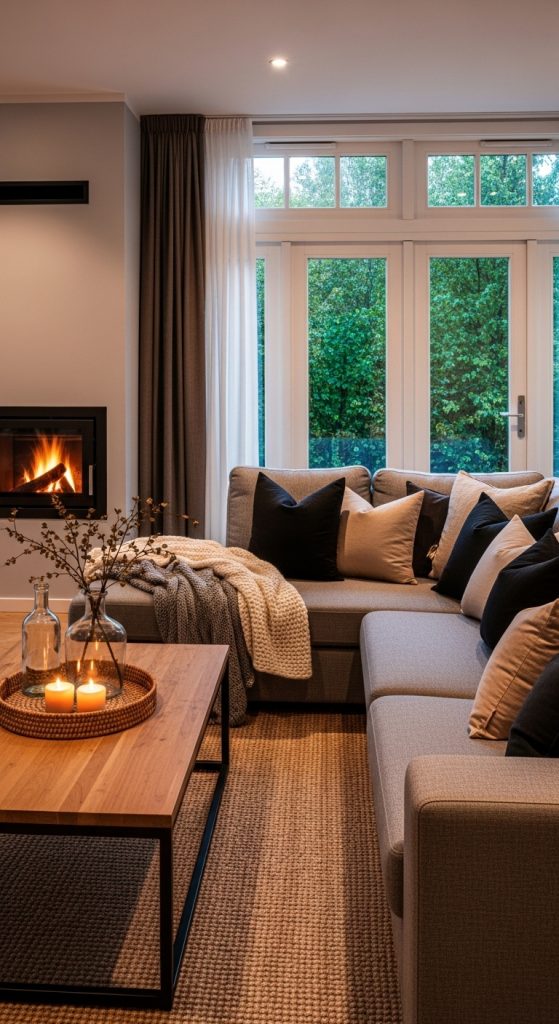 A cozy Scandinavian living room where warm textiles are the focus