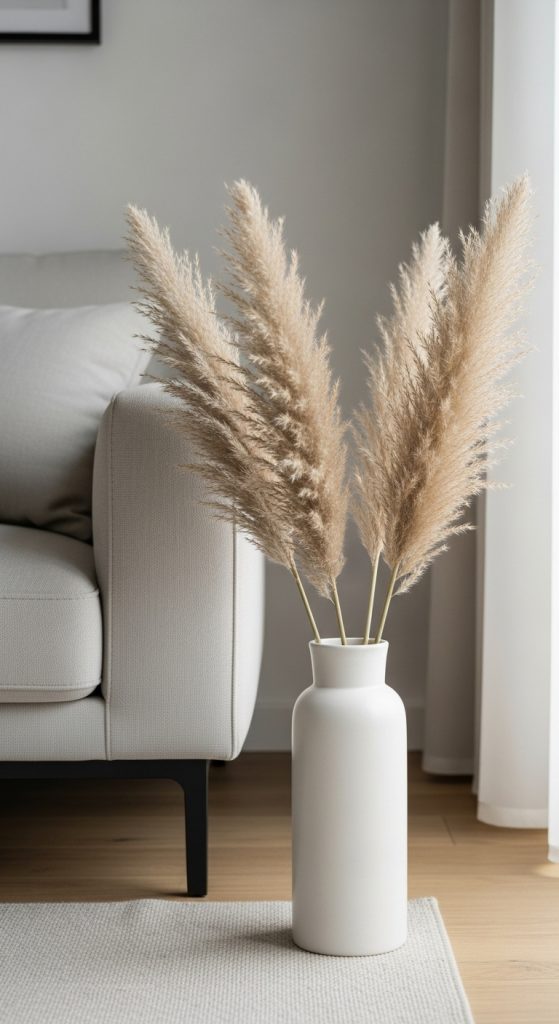 A tall vase with dried pampas grass, whose soft plumes add texture and a serene element to a minimalist corner.
