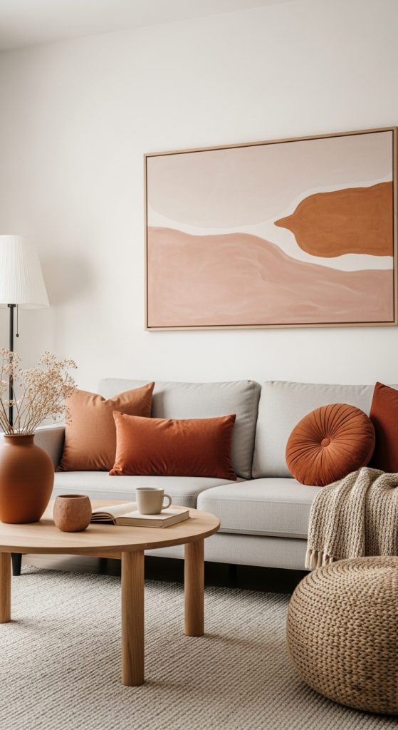 Minimalist living room with a neutral base and warm, earthy accent colors like terracotta and rust on pillows and art.