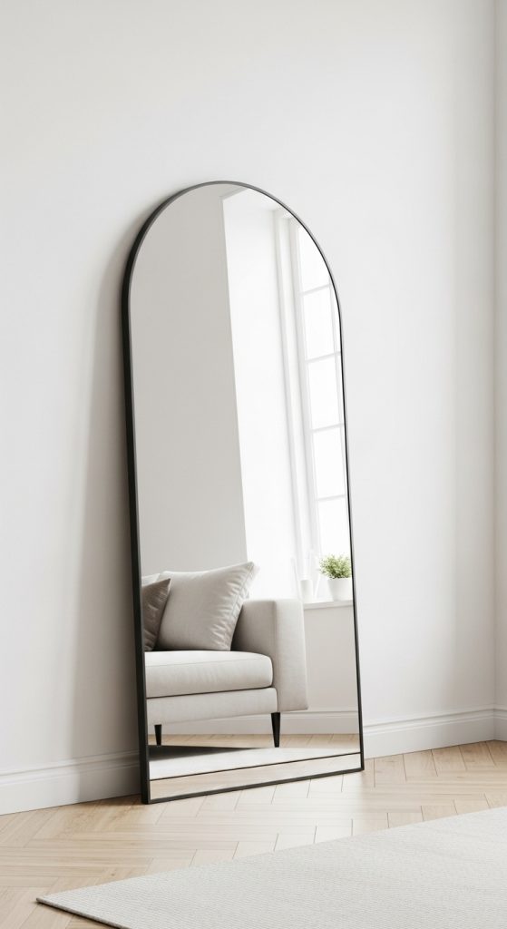 "A large, arched floor mirror with a thin frame leaning against a wall, reflecting light and making the minimalist living room feel larger.