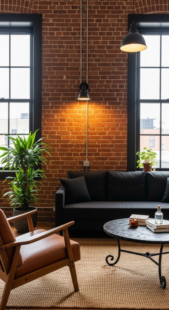 A black leather sofa in an industrial-style living room with an exposed brick wall
