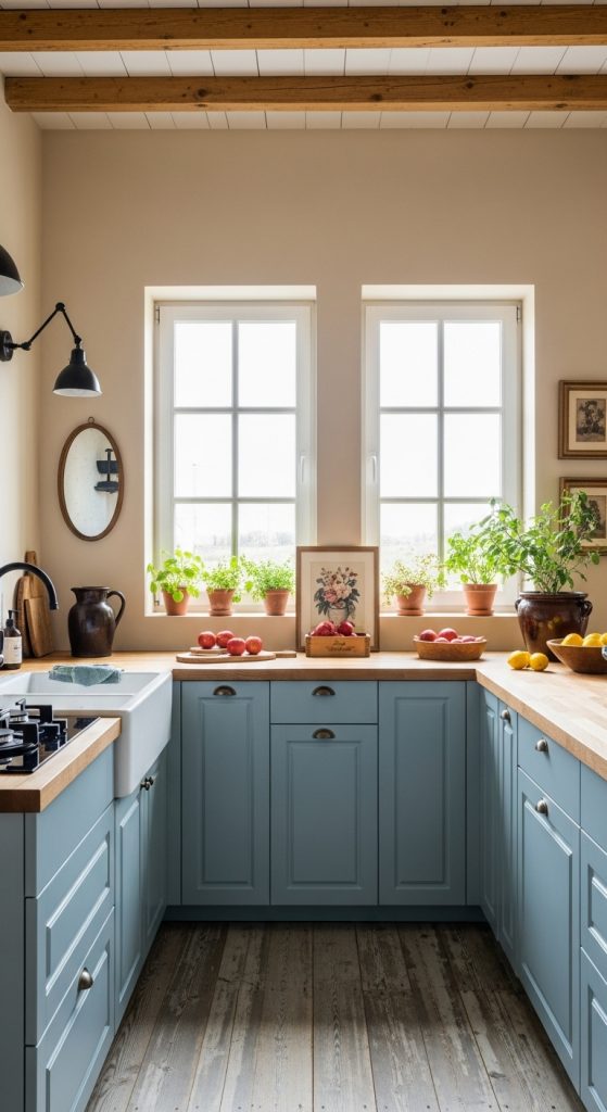 Rustic farmhouse dining room with a distressed wood table, cream shiplap walls, and muted blue accents in the decor.