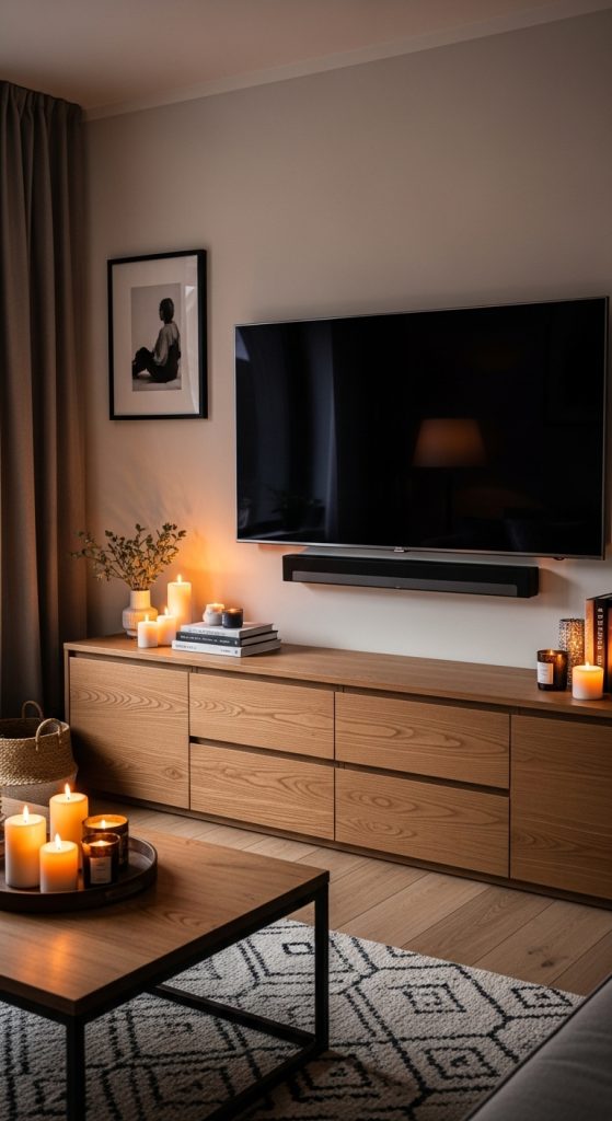 A cozy living room with a wooden media console with drawers and cabinets under the TV