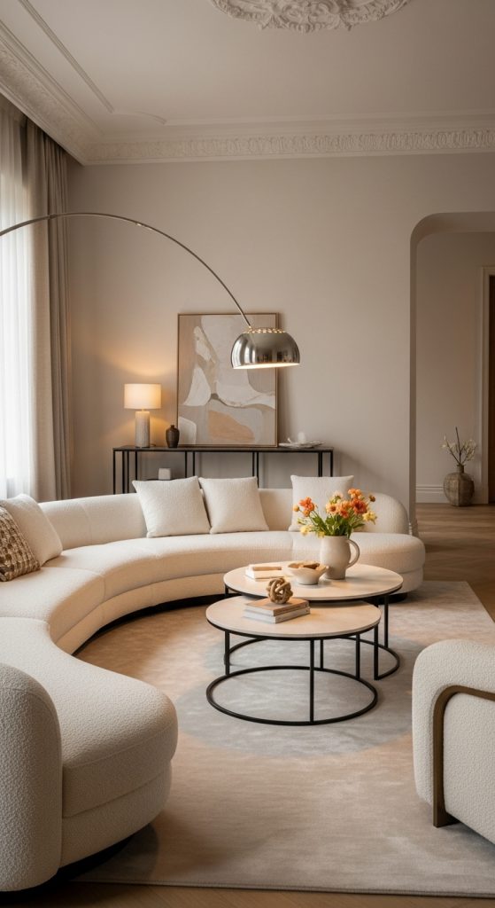 A modern living room featuring a curved bouclé sofa and a circular coffee table.