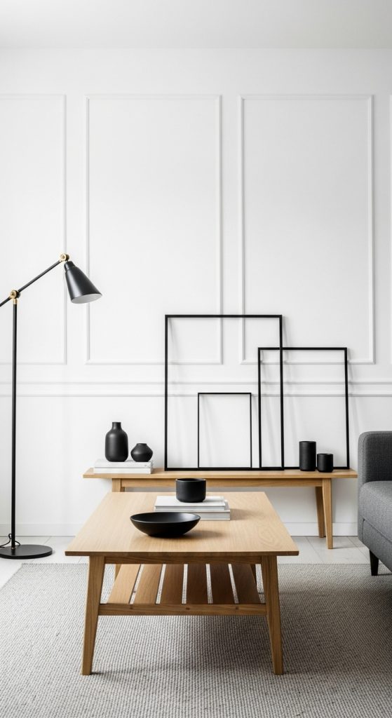 Modern minimalist living room combining white walls, a light wood coffee table, and black accents for a timeless look.