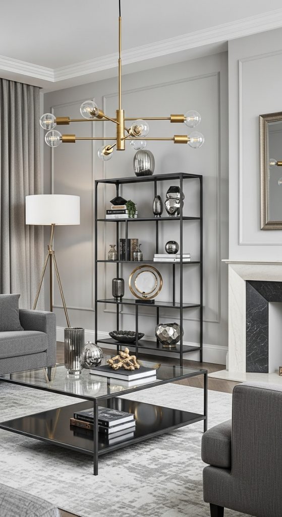 Modern living room featuring a mix of metal finishes and glass elements, including brass lighting, chrome decor, and a glass coffee table.
