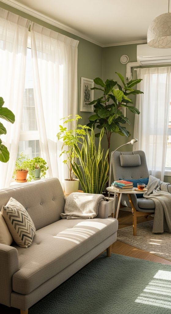 Cozy small living room with sofa placed near a large sunlit window.