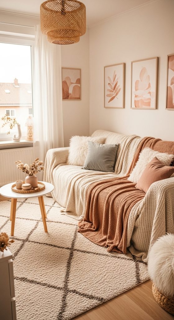 Cozy apartment living room with soft throw blankets, cushions, and a textured rug.
