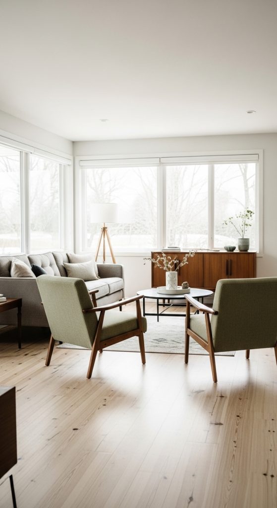 Mid-century modern furniture with visible legs creating an open and spacious look.
