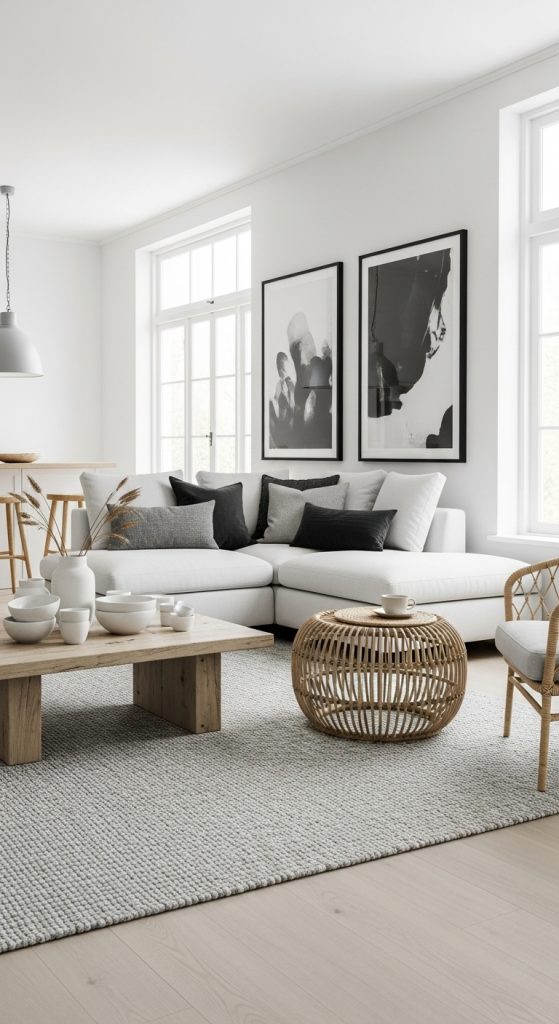 A harmonious Scandinavian living room showcasing classic design principles with a neutral-colored sofa