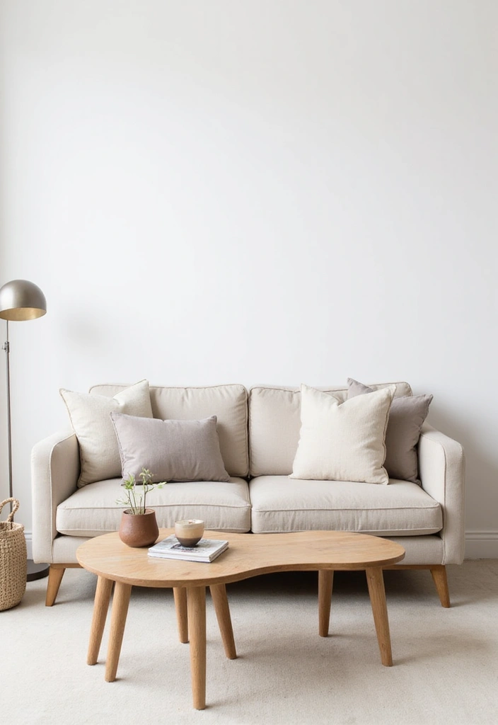 A serene minimalist living room with a beige sofa and simple decor.