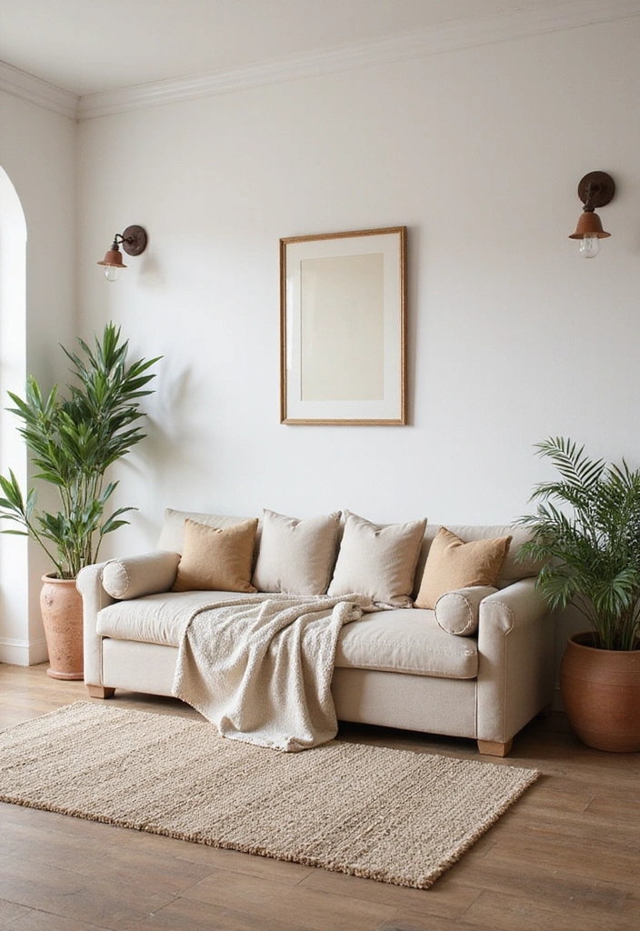 A Mediterranean-style living room with a linen sofa and terracotta accents.