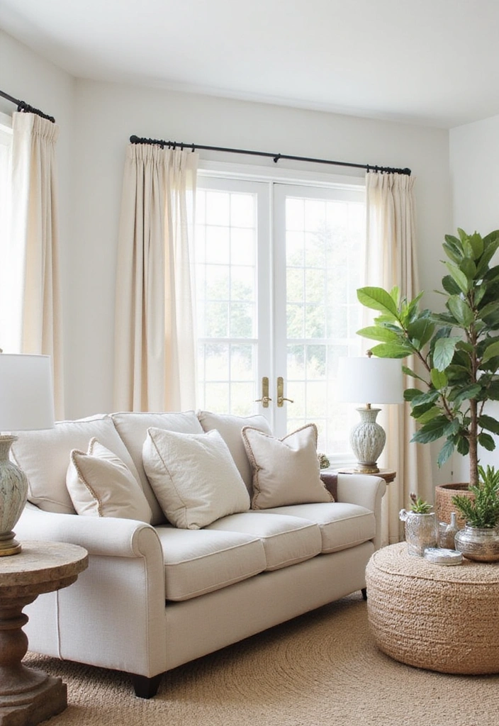A breezy coastal living room with a light-colored sofa and jute rug.