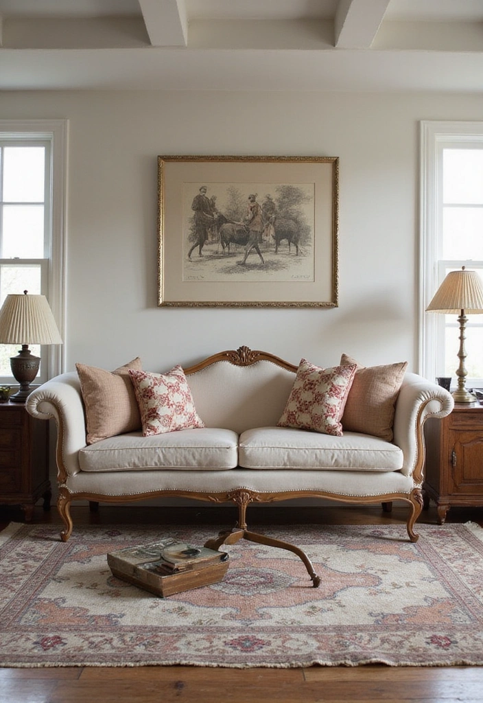 A vintage-inspired living room with a classic sofa and antique-style lamp.
