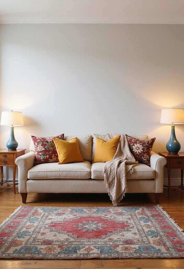 A retro-themed living room with a beige sofa and colorful, patterned accents.