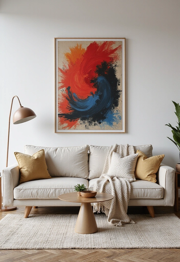 A living room designed as an art gallery, with a neutral sofa and a large gallery wall.