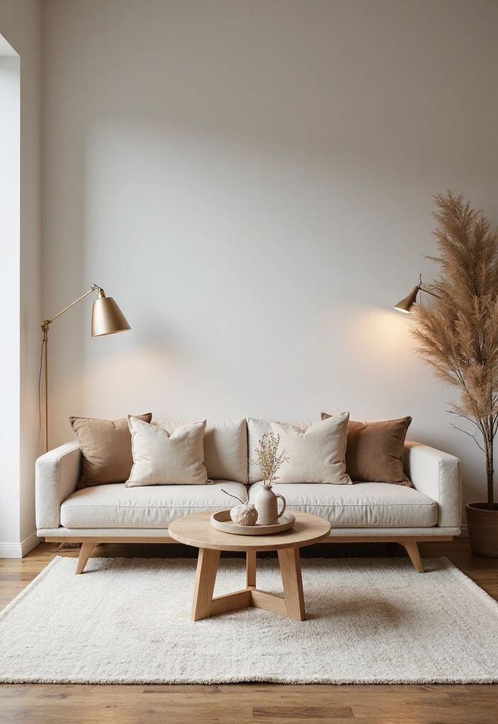 A tranquil zen-like living room with a low-profile sofa and minimalist decor.