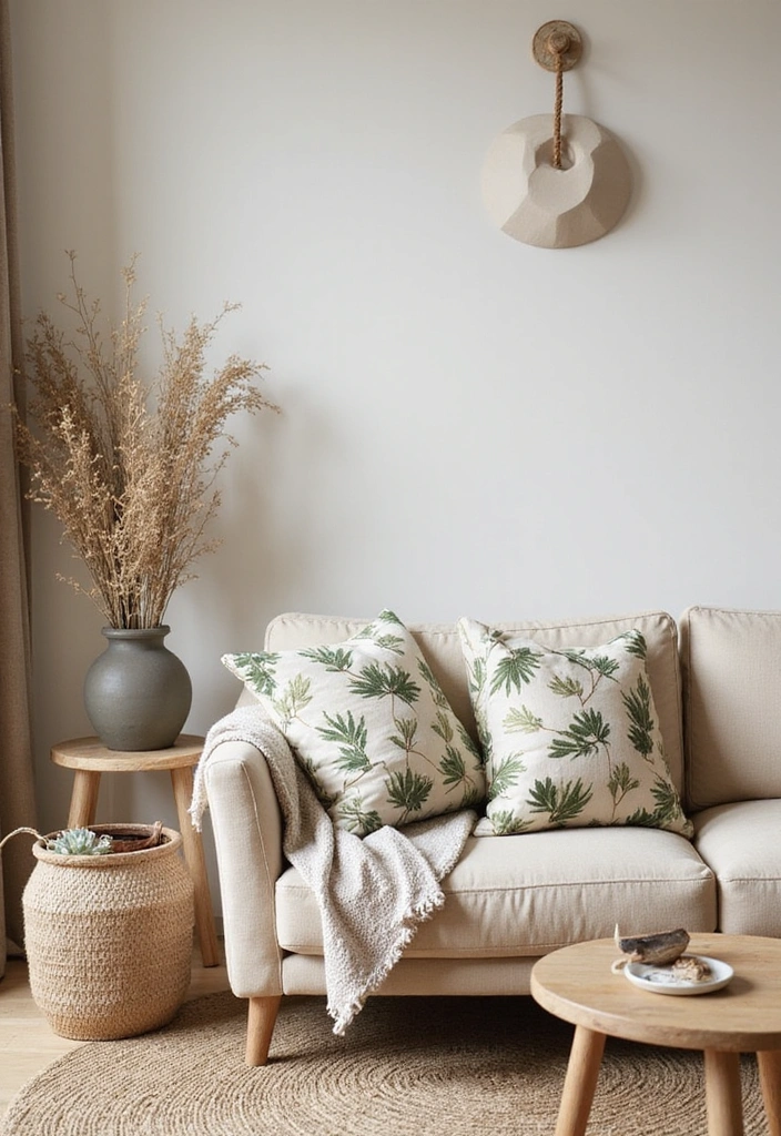 A living room inspired by nature, featuring a beige sofa and botanical print cushions.