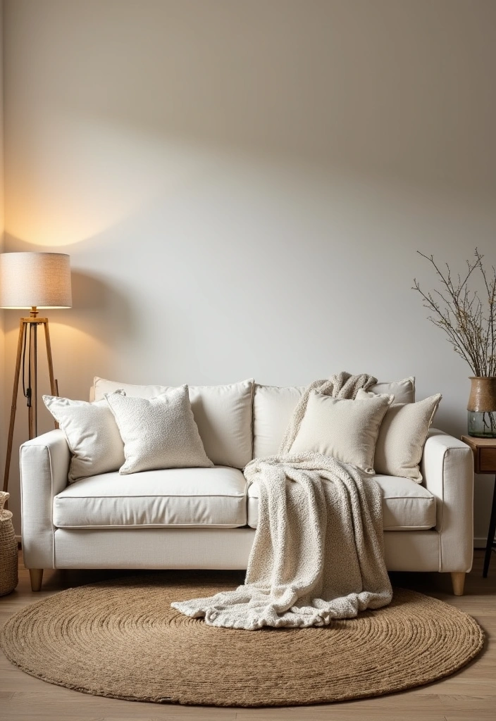 A warm cottage-style living room with a plush cream sofa and natural textures.