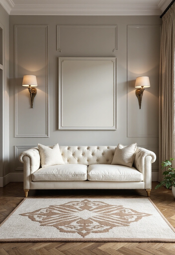 An opulent Art Deco living room with a cream velvet sofa and gold accents.
