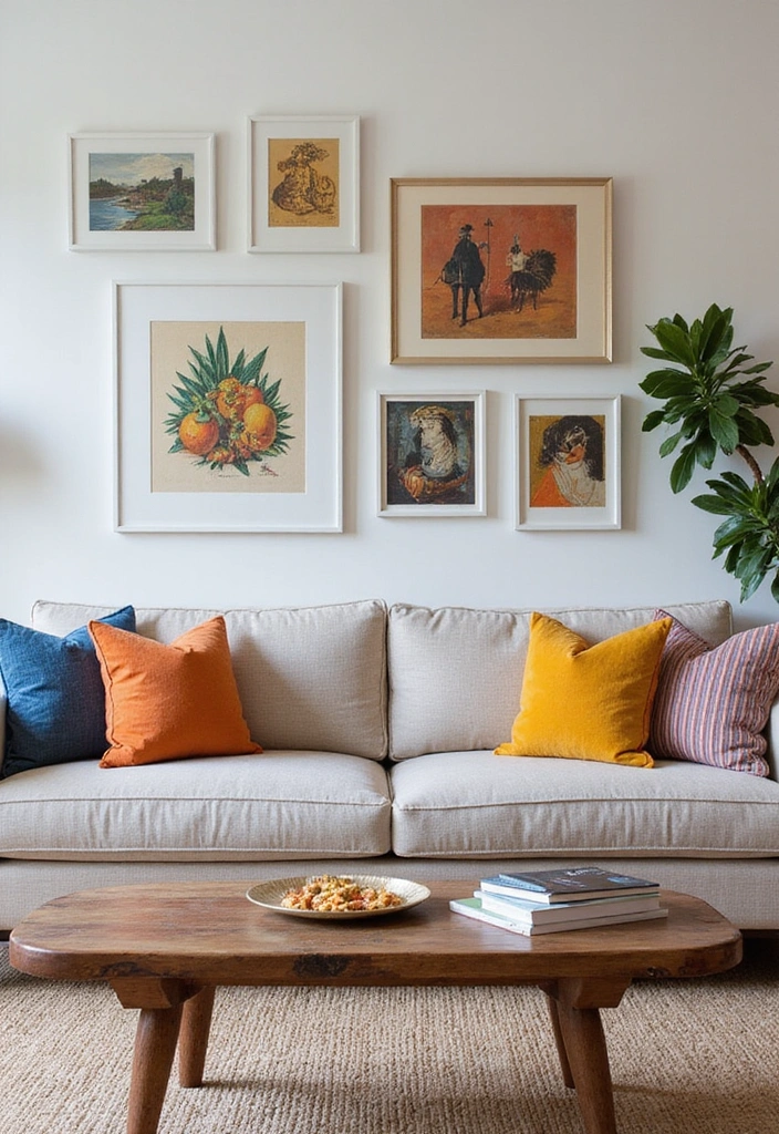 An eclectic living room with a mix of furniture styles and vibrant accents.