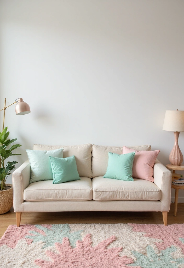 A neutral living room with soft pastel accents on pillows and a rug.