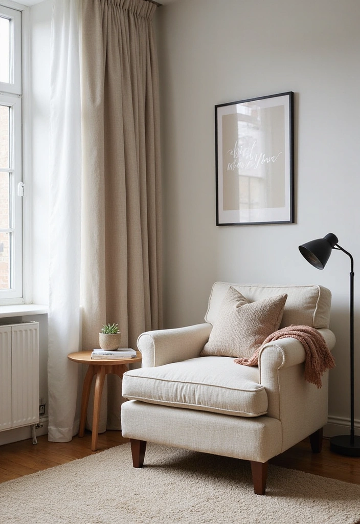 A cozy reading nook in the corner of a living room with a plush armchair.