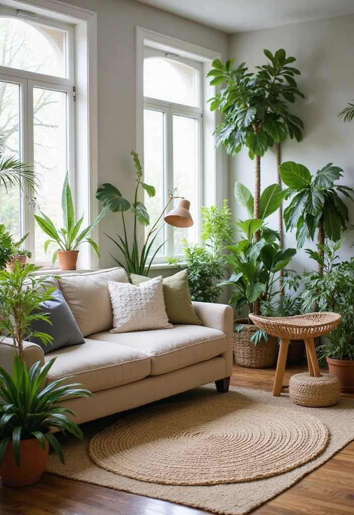 A living room filled with various indoor plants, creating an urban jungle feel.