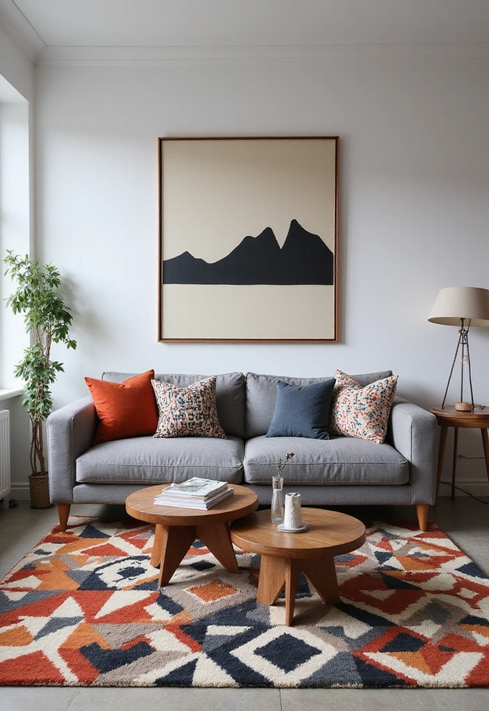A modern living room featuring bold geometric patterns on the rug and pillows.